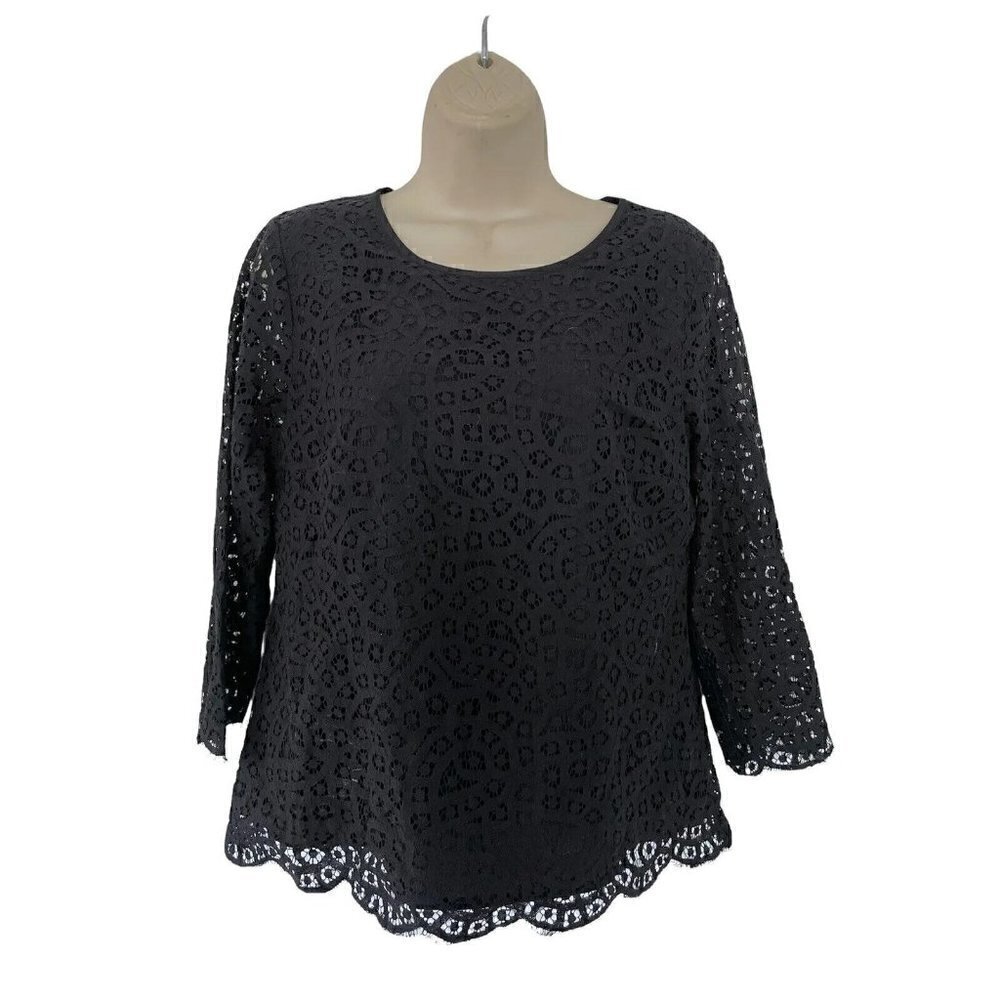 J. Crew Factory Women's Size 6 Black Scalloped Lace 3/4 Sleeve Blouse - Picture 2 of 8